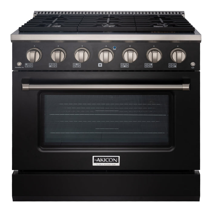 Akicon 36" Stainless Steel Range Hood with 600 CFM Insert & 6-Burner Gas Range Combo – Powerful Ventilation, Convection Oven, Multiple Finishes — AK-HS36H-BS & AK-JK36A1-BS