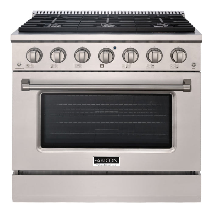 Akicon 36" Stainless Steel Range Hood with 600 CFM Insert & 6-Burner Gas Range Combo – Powerful Ventilation, Convection Oven, Multiple Finishes
