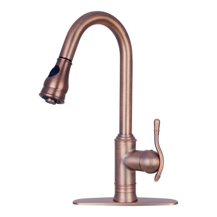 Copper Pull Out Kitchen Faucet, Single Level Solid Brass Kitchen Sink Faucets with Pull Down Sprayer — AK96415-D-C-48