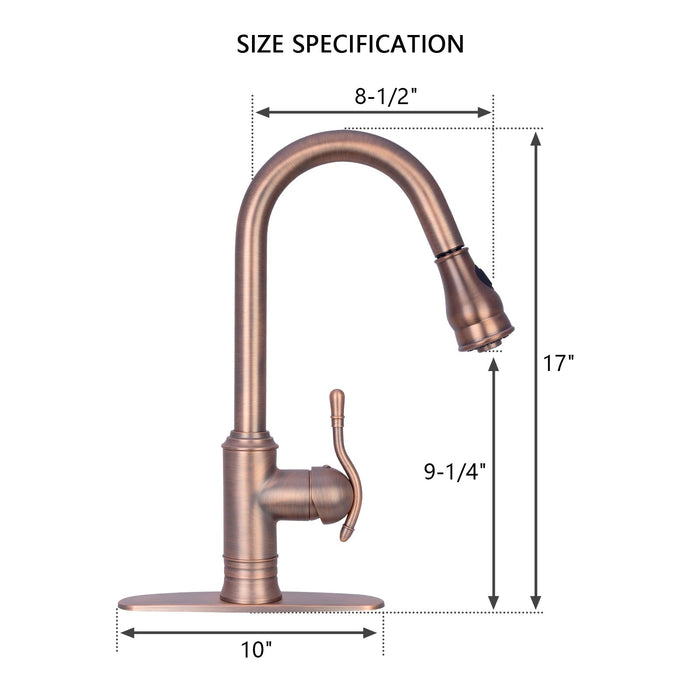 Antique Bronze Pull Out Kitchen Faucet, Single Level Solid Brass Kitchen Sink Faucets with Pull Down Sprayer - AK96415-D-AB