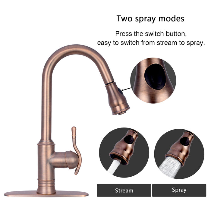 Antique Bronze Pull Out Kitchen Faucet, Single Level Solid Brass Kitchen Sink Faucets with Pull Down Sprayer - AK96415-D-AB