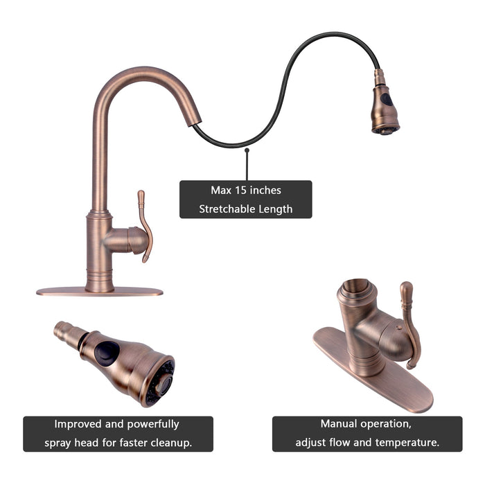 Antique Bronze Pull Out Kitchen Faucet, Single Level Solid Brass Kitchen Sink Faucets with Pull Down Sprayer - AK96415-D-AB