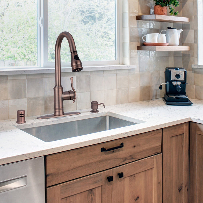 Antique Bronze Pull Out Kitchen Faucet, Single Level Solid Brass Kitchen Sink Faucets with Pull Down Sprayer - AK96415-D-AB