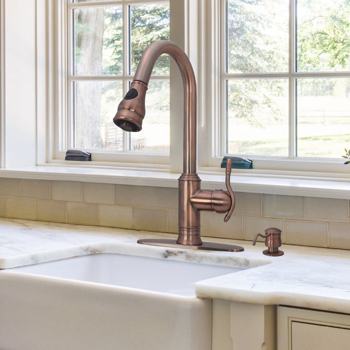 Copper Pull Out Kitchen Faucet, Single Level Solid Brass Kitchen Sink Faucets with Pull Down Sprayer - AK96415-D-AC
