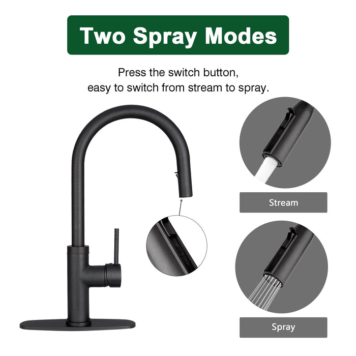 Oil Rubbed Bronze Pull Out Kitchen Faucet with Deck Plate, Single Level Solid Brass Kitchen Sink Faucets with Pull Down Sprayer-AK96416-ORB