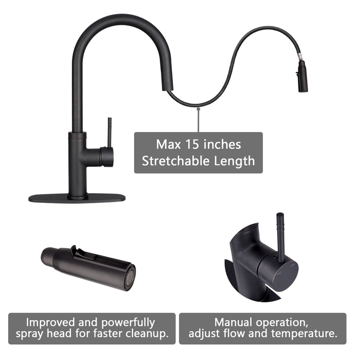 Oil Rubbed Bronze Pull Out Kitchen Faucet with Deck Plate, Single Level Solid Brass Kitchen Sink Faucets with Pull Down Sprayer-AK96416-ORB