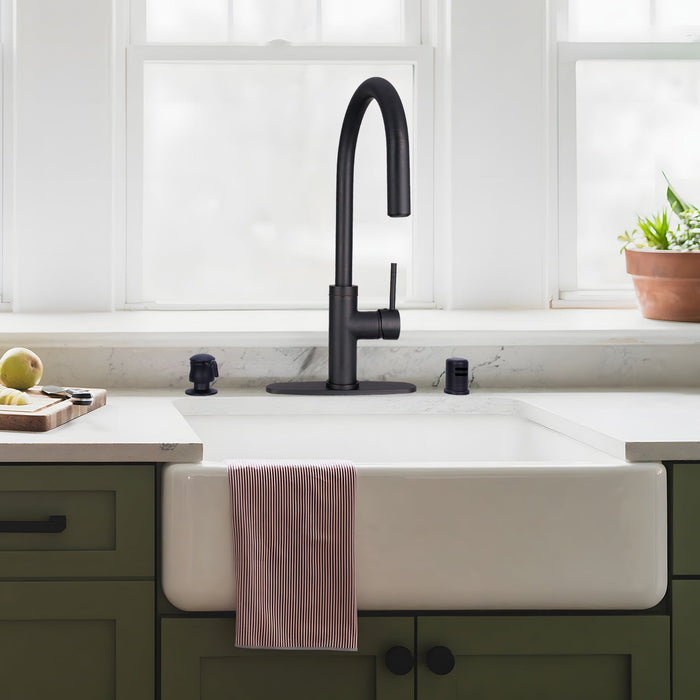 Oil Rubbed Bronze Pull Out Kitchen Faucet with Deck Plate, Single Level Solid Brass Kitchen Sink Faucets with Pull Down Sprayer-AK96416-ORB