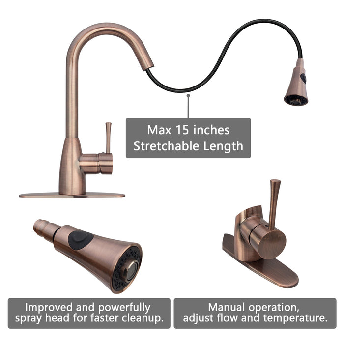 Copper Pull Out Kitchen Faucet, Single Level Solid Brass Kitchen Sink Faucets with Pull Down Sprayer - AK96455-D-AC
