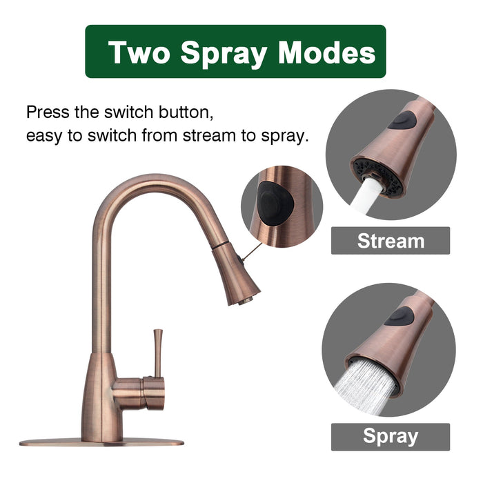 Copper Pull Out Kitchen Faucet, Single Level Solid Brass Kitchen Sink Faucets with Pull Down Sprayer - AK96455-D-AC