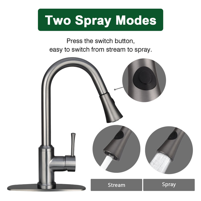 Gun Black Pull Out Kitchen Faucet with Deck Plate, Single Level Solid Brass Kitchen Sink Faucets with Pull Down Sprayer-AK96466-GB