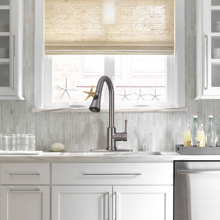 Gun Black Pull Out Kitchen Faucet with Deck Plate, Single Level Solid Brass Kitchen Sink Faucets with Pull Down Sprayer-AK96466-GB