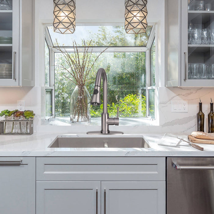 Gun Black Pull Out Kitchen Faucet with Deck Plate, Single Level Solid Brass Kitchen Sink Faucets with Pull Down Sprayer-AK96466-GB