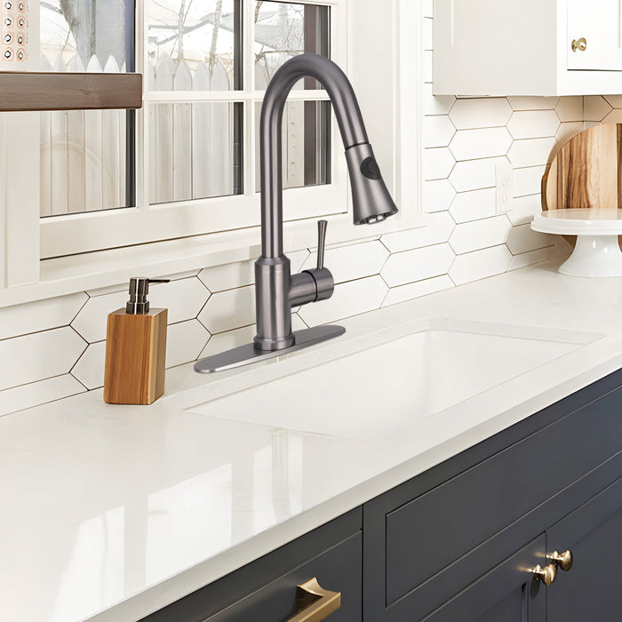 Gun Black Pull Out Kitchen Faucet with Deck Plate, Single Level Solid Brass Kitchen Sink Faucets with Pull Down Sprayer-AK96466-GB