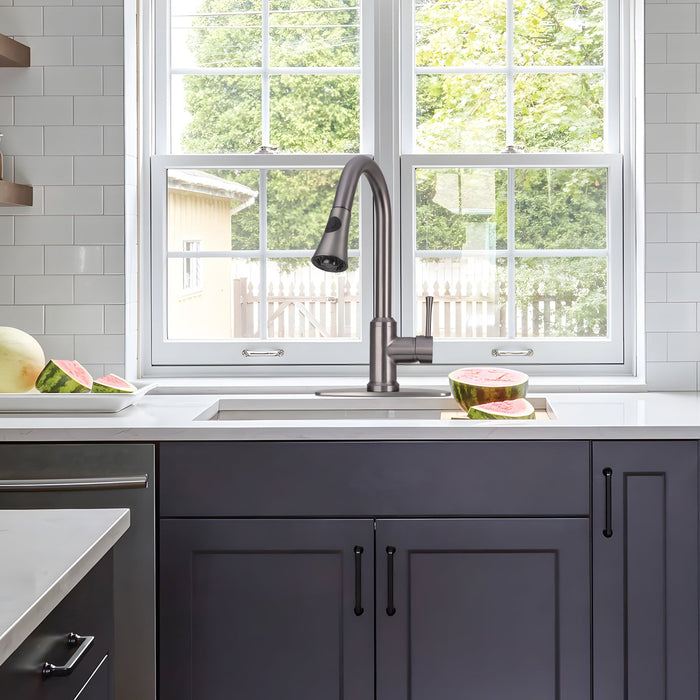 Gun Black Pull Out Kitchen Faucet with Deck Plate, Single Level Solid Brass Kitchen Sink Faucets with Pull Down Sprayer-AK96466-GB