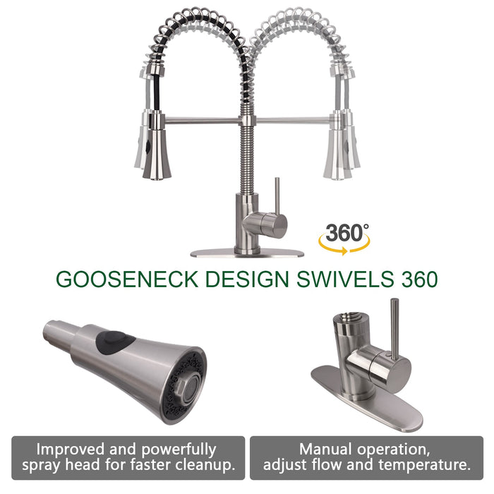 Brushed Nickel Pre-Rinse Spring Kitchen Faucet, Single Level Solid Brass Kitchen Sink Faucets with Pull Down Sprayer - AK96516A1-BN