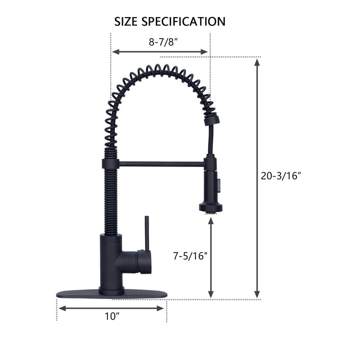 Matte Black Pre-Rinse Spring Kitchen Faucet, Single Level Solid Brass Kitchen Sink Faucets with Pull Down Sprayer - AK96516A2-MB