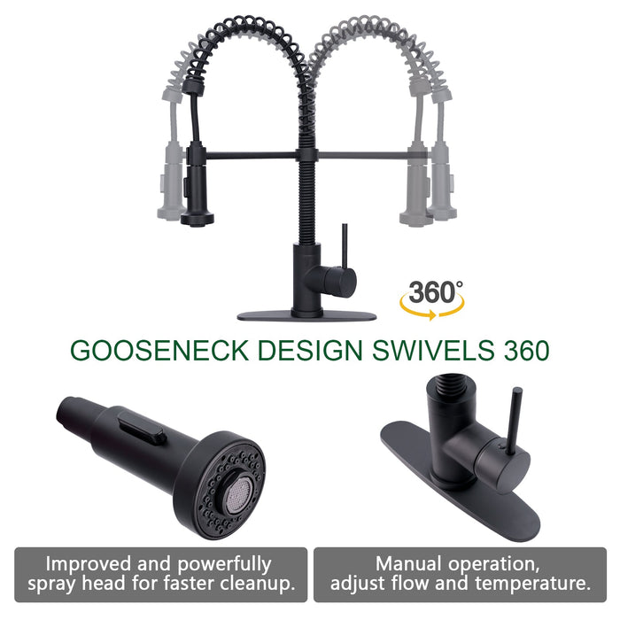 Matte Black Pre-Rinse Spring Kitchen Faucet, Single Level Solid Brass Kitchen Sink Faucets with Pull Down Sprayer - AK96516A2-MB