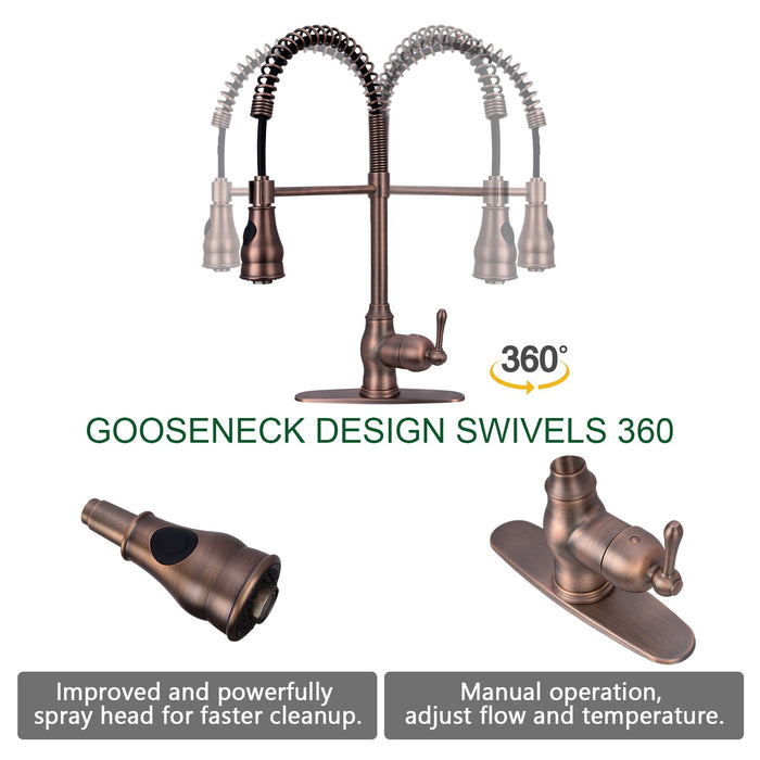 Antique Bronze Pre-Rinse Spring Kitchen Faucet, Single Level Solid Brass Kitchen Sink Faucets with Pull Down Sprayer - AK96518-AB