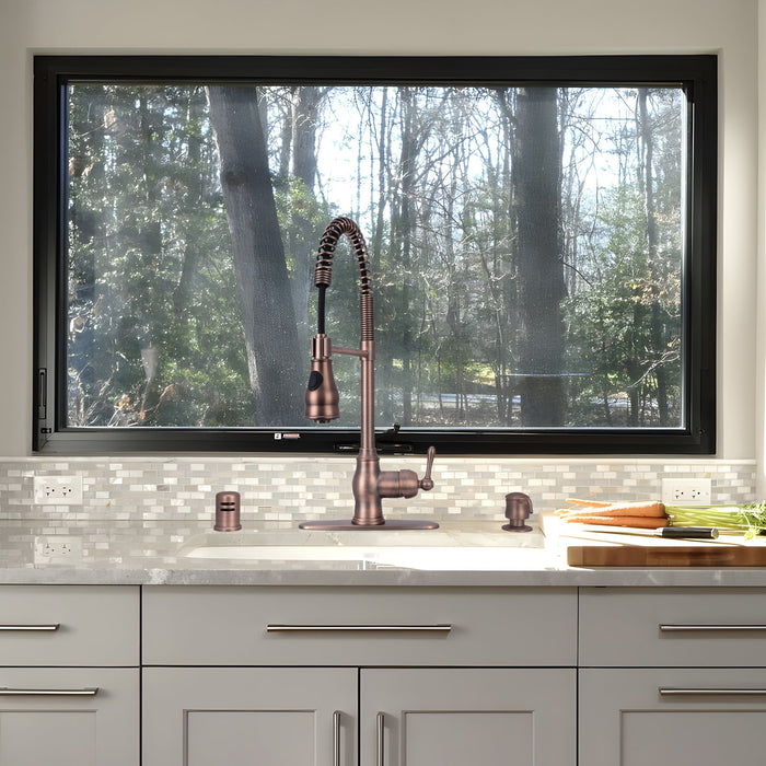 Antique Bronze Pre-Rinse Spring Kitchen Faucet, Single Level Solid Brass Kitchen Sink Faucets with Pull Down Sprayer - AK96518-AB