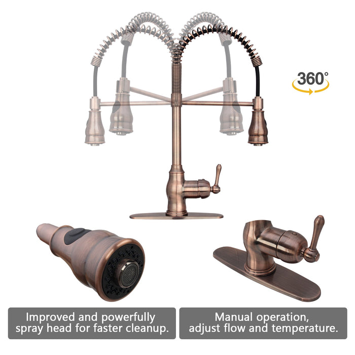 Copper Pre-Rinse Spring Kitchen Faucet, Single Level Solid Brass Kitchen Sink Faucets with Pull Down Sprayer — AK96518-AC