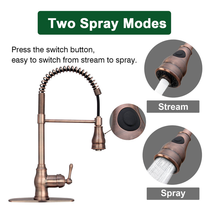 Copper Pre-Rinse Spring Kitchen Faucet, Single Level Solid Brass Kitchen Sink Faucets with Pull Down Sprayer — AK96518-AC