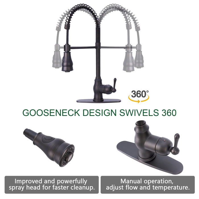 Oil Rubbed Bronze Pre-Rinse Spring Kitchen Faucet, Single Level Solid Brass Kitchen Sink Faucets with Pull Down Sprayer - AK96518-ORB