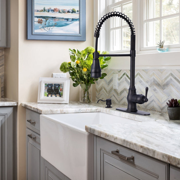 Oil Rubbed Bronze Pre-Rinse Spring Kitchen Faucet, Single Level Solid Brass Kitchen Sink Faucets with Pull Down Sprayer - AK96518-ORB