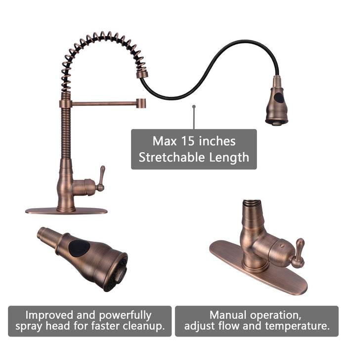 Antique Bronze Pre-Rinse Spring Kitchen Faucet, Single Level Solid Brass Kitchen Sink Faucets with Pull Down Sprayer - AK96518A-AB