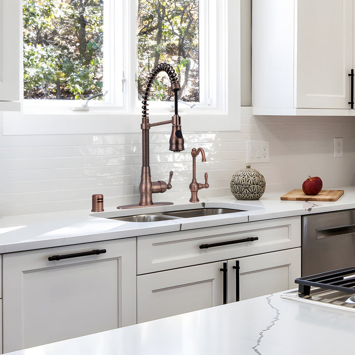 Antique Bronze Pre-Rinse Spring Kitchen Faucet, Single Level Solid Brass Kitchen Sink Faucets with Pull Down Sprayer - AK96518A-AB