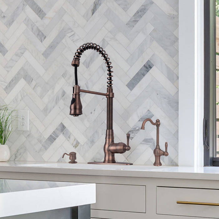 Antique Bronze Pre-Rinse Spring Kitchen Faucet, Single Level Solid Brass Kitchen Sink Faucets with Pull Down Sprayer - AK96518A-AB