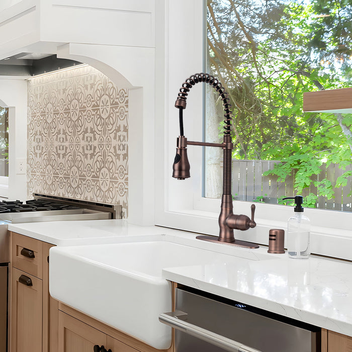 Antique Bronze Pre-Rinse Spring Kitchen Faucet, Single Level Solid Brass Kitchen Sink Faucets with Pull Down Sprayer - AK96518A-AB