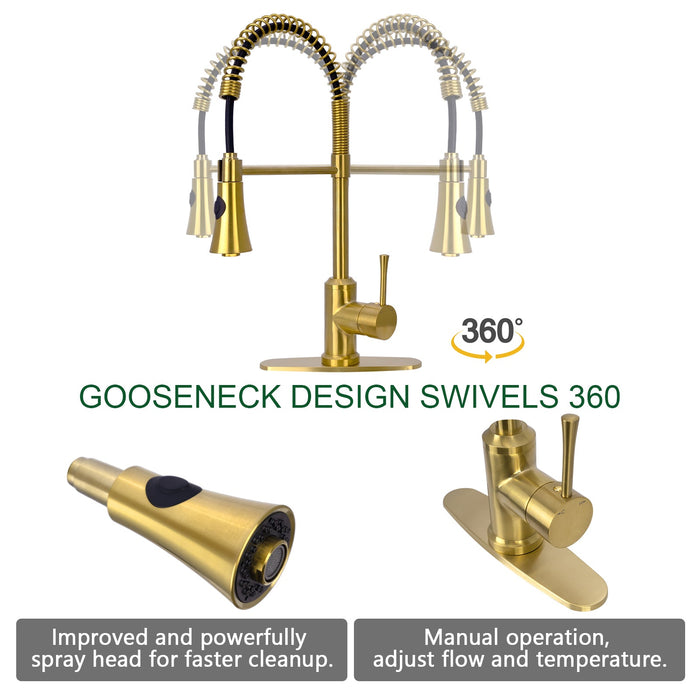 One-Handle Pre-Rinse Spring Brushed Gold Kitchen Faucet - AK96566-BTG