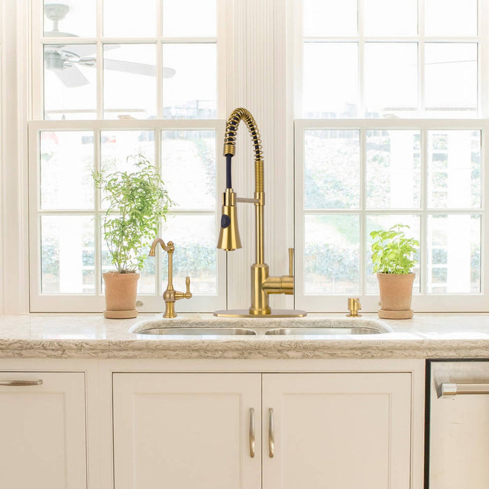One-Handle Pre-Rinse Spring Brushed Gold Kitchen Faucet - AK96566-BTG