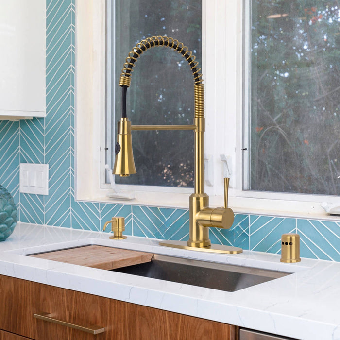 One-Handle Pre-Rinse Spring Brushed Gold Kitchen Faucet - AK96566-BTG