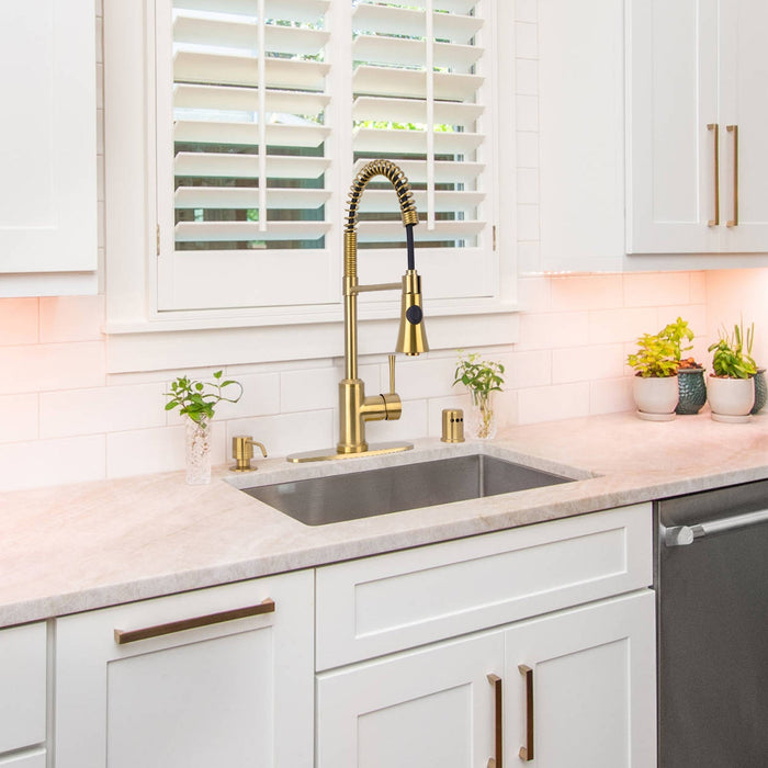 One-Handle Pre-Rinse Spring Brushed Gold Kitchen Faucet - AK96566-BTG