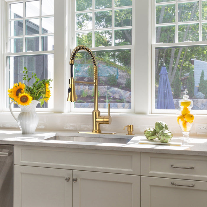 One-Handle Pre-Rinse Spring Brushed Gold Kitchen Faucet - AK96566-BTG