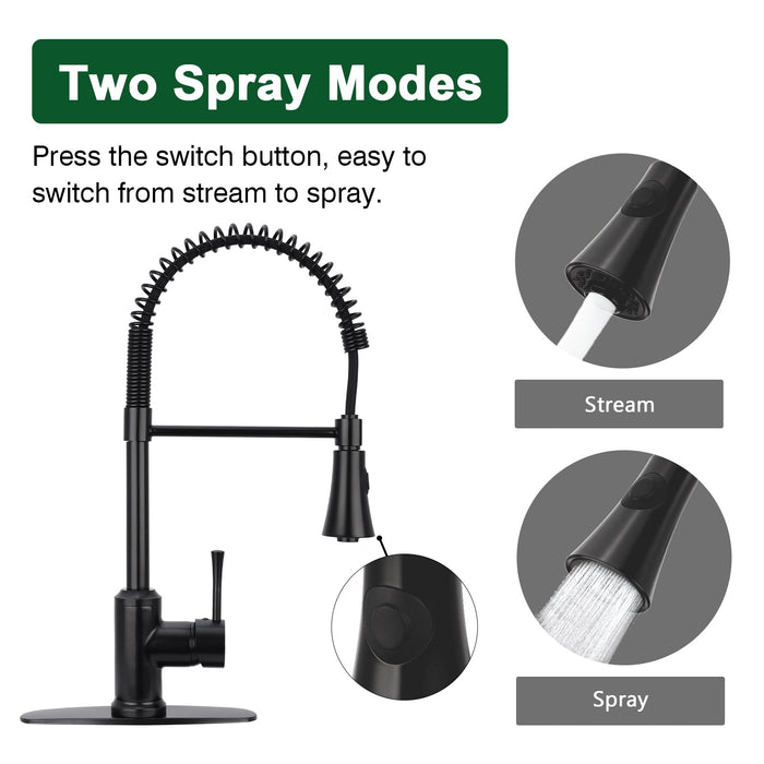 One-Handle Pre-Rinse Spring Matte Black Kitchen Faucet - AK96566-MB