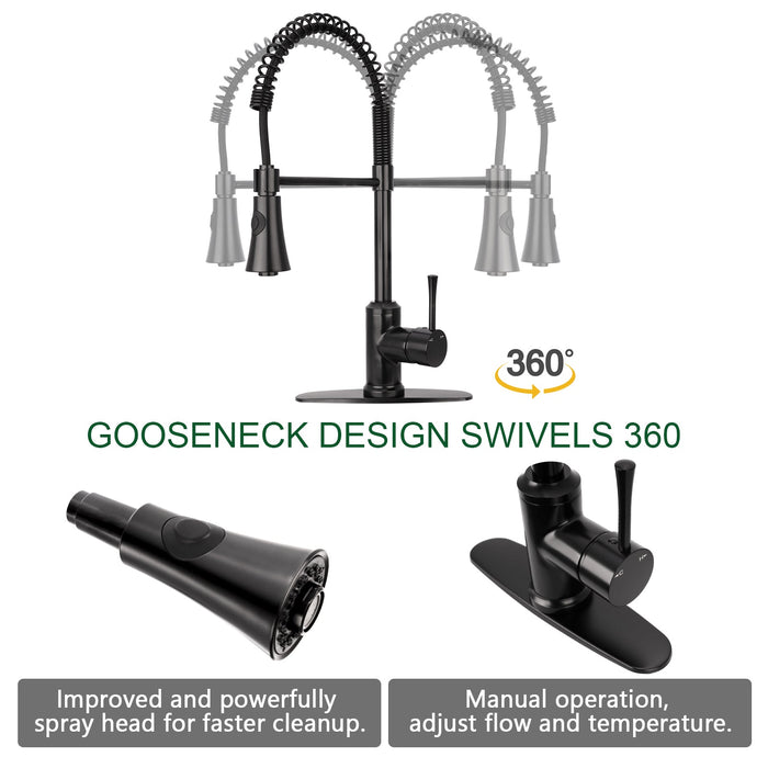 One-Handle Pre-Rinse Spring Matte Black Kitchen Faucet - AK96566-MB