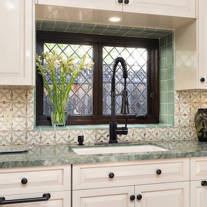 One-Handle Pre-Rinse Spring Matte Black Kitchen Faucet - AK96566-MB