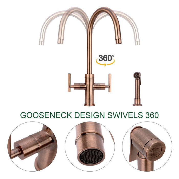 Two-Handle Antique Copper Widespread Kitchen Faucet with Side Sprayer-AK96766-AC