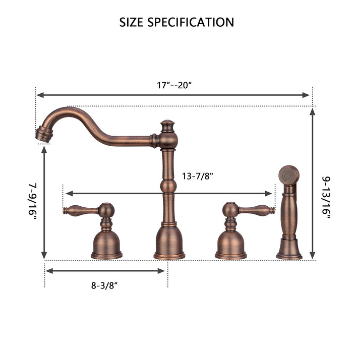 Two-Handles Antique Bronze Widespread Kitchen Faucet with Side Sprayer - AK96818-AB