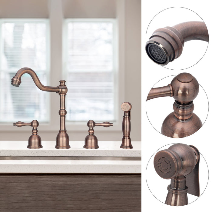 Two-Handles Copper Widespread Kitchen Faucet with Side Sprayer - AK96818-AC