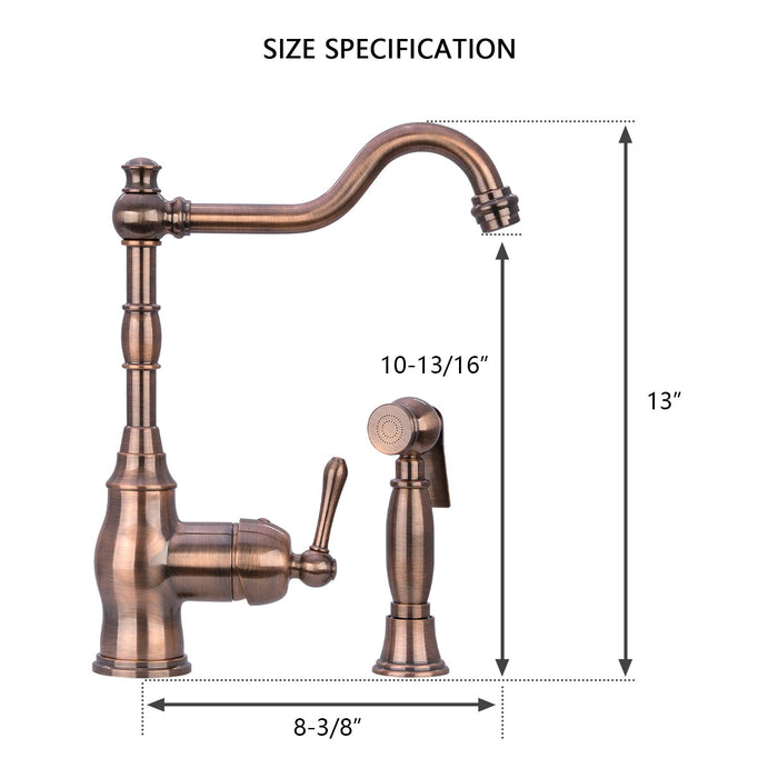 One-Handle Antique Copper Widespread Kitchen Faucet with Side Sprayer - AK96918-AC