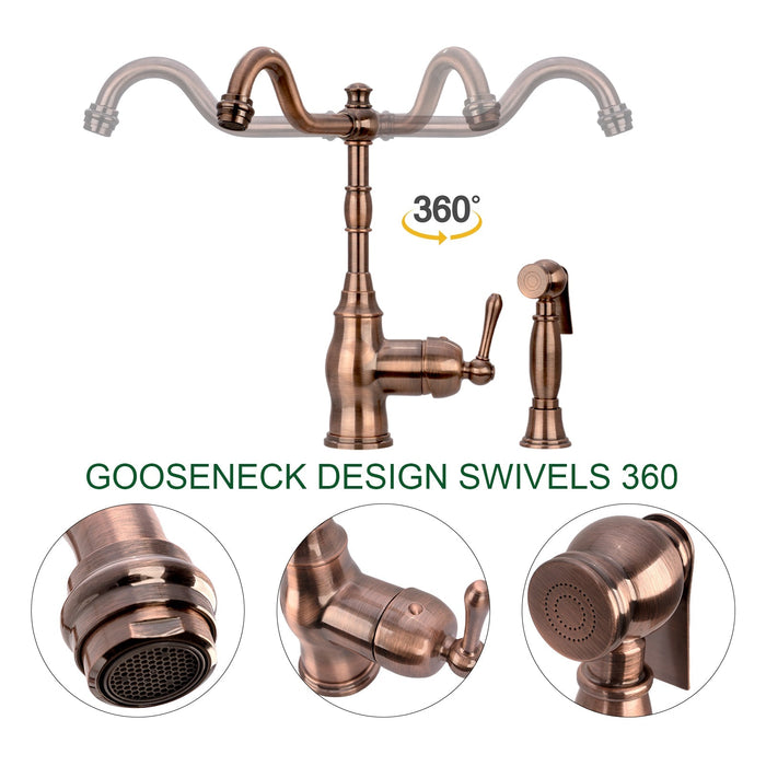 One-Handle Antique Copper Widespread Kitchen Faucet with Side Sprayer - AK96918-AC