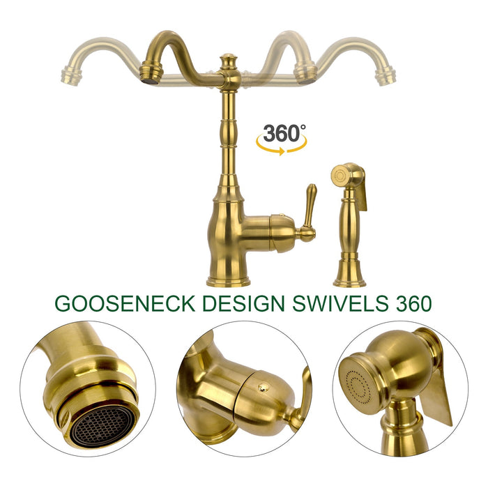 One-Handle Brushed Gold Widespread Kitchen Faucet with Side Sprayer - AK96918-BTG