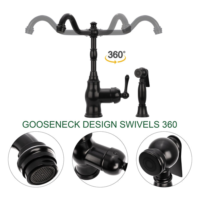 One-Handle Matte Black Widespread Kitchen Faucet with Side Sprayer - AK96918-MB