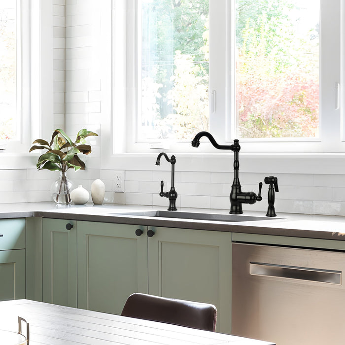 One-Handle Matte Black Widespread Kitchen Faucet with Side Sprayer - AK96918-MB
