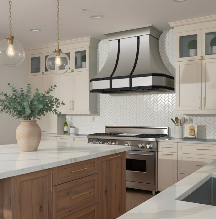 Brushed Stainless Steel Range Hood Clipped Corner with Black Accents