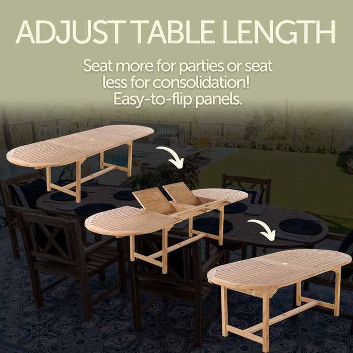 Åre Adjustable 6-8 Person Natural Teak Outdoor Dining Table – 79″-118″