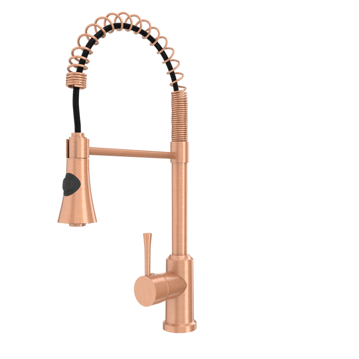 Copper Kitchen Faucet with Soap Dispenser, Single Handle Solid Brass High Arc Pull Down Sprayer Head Kitchen Sink Faucets with Deck Plate — AK96566-SD-C